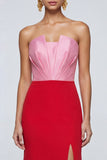 Pink and Red Long Mermid Patchwork Strapless Formal Dress with Slit