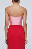 Pink and Red Long Mermid Patchwork Strapless Formal Dress with Slit