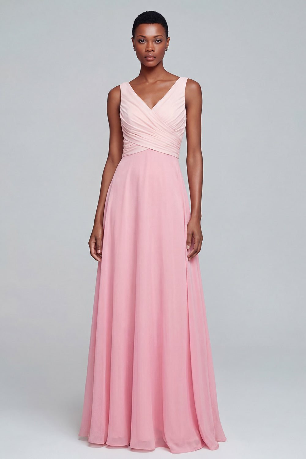 Pink A Line Long V Neck Ruched Patchwork Formal Dress