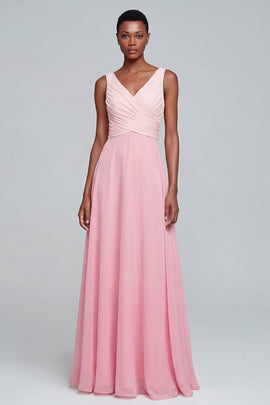Pink A Line Long V Neck Ruched Patchwork Formal Dress