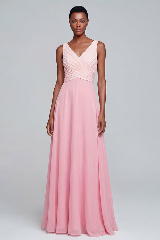 Pink A Line Long V Neck Ruched Patchwork Formal Dress