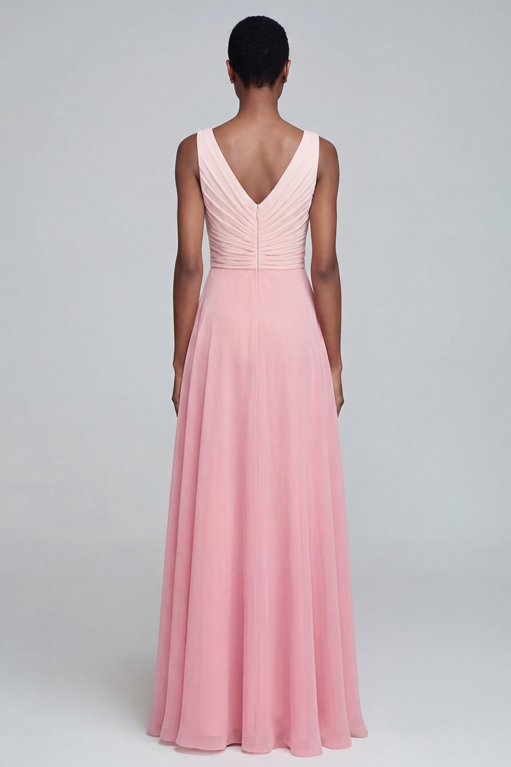 Pink A Line Long V Neck Ruched Patchwork Formal Dress