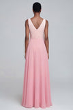 Pink A Line Long V Neck Ruched Patchwork Formal Dress