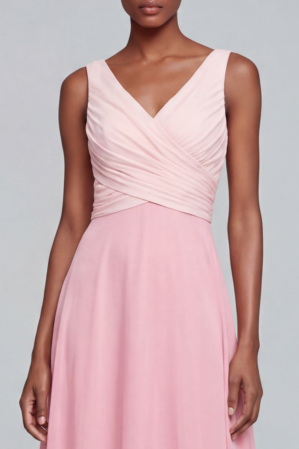 Pink A Line Long V Neck Ruched Patchwork Formal Dress