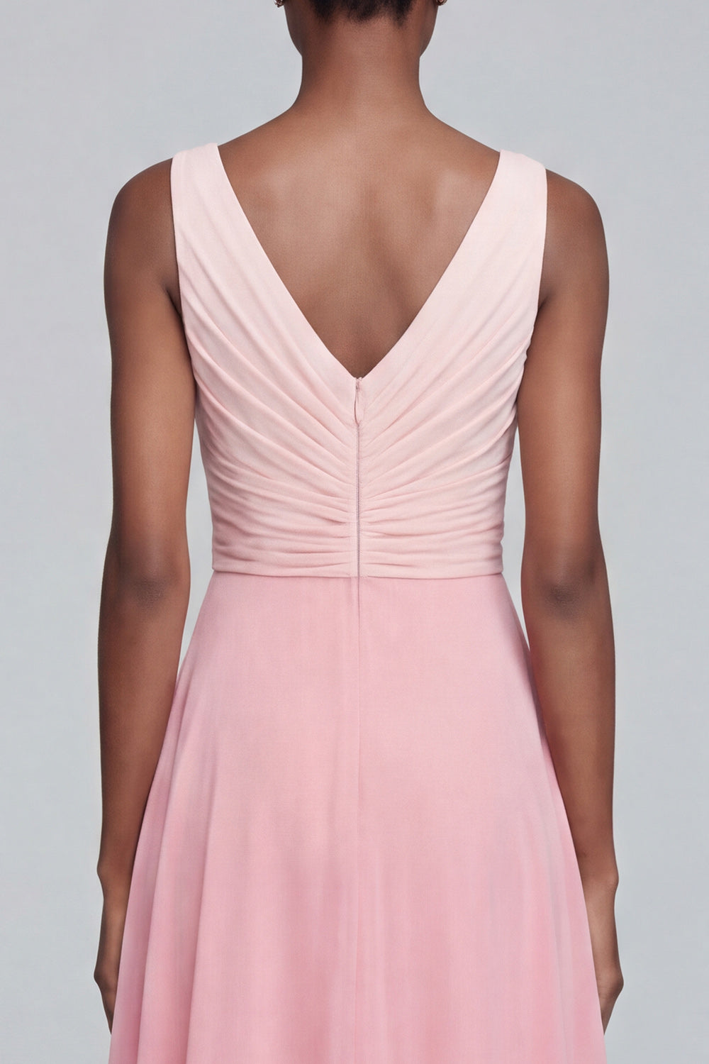 Pink A Line Long V Neck Ruched Patchwork Formal Dress