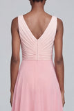 Pink A Line Long V Neck Ruched Patchwork Formal Dress