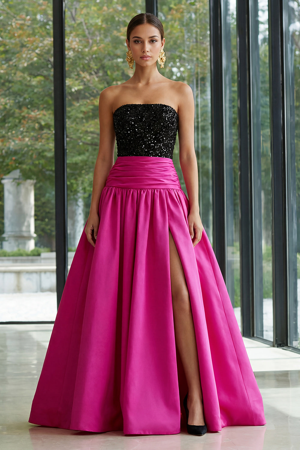 Sparkly Fuchsia and Black A Line Long Strapless Patchwork Formal Dress