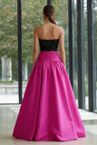 Sparkly Fuchsia and Black A Line Long Strapless Patchwork Formal Dress