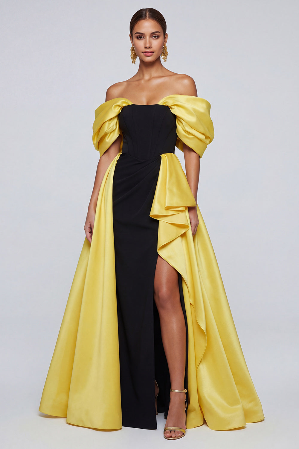 Black and Yellow Long Patchwork Off the Shoulder Ruffled Formal Dress with Slit