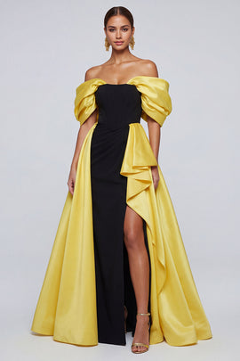 Black and Yellow Long Patchwork Off the Shoulder Ruffled Formal Dress with Slit