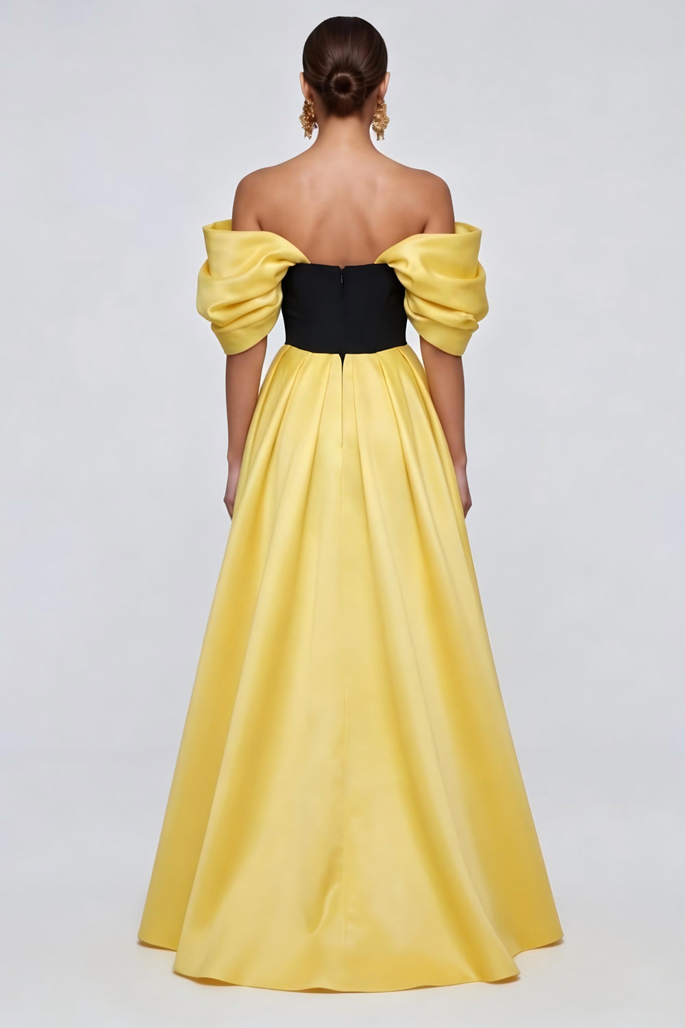 Black and Yellow Long Patchwork Off the Shoulder Ruffled Formal Dress with Slit