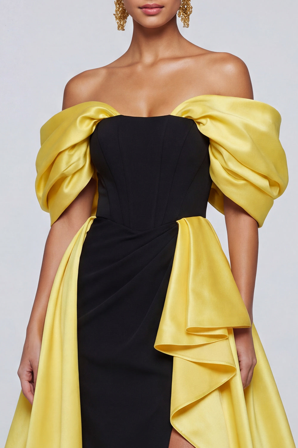 Black and Yellow Long Patchwork Off the Shoulder Ruffled Formal Dress with Slit