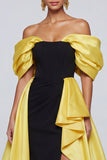 Black and Yellow Long Patchwork Off the Shoulder Ruffled Formal Dress with Slit