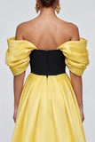 Black and Yellow Long Patchwork Off the Shoulder Ruffled Formal Dress with Slit