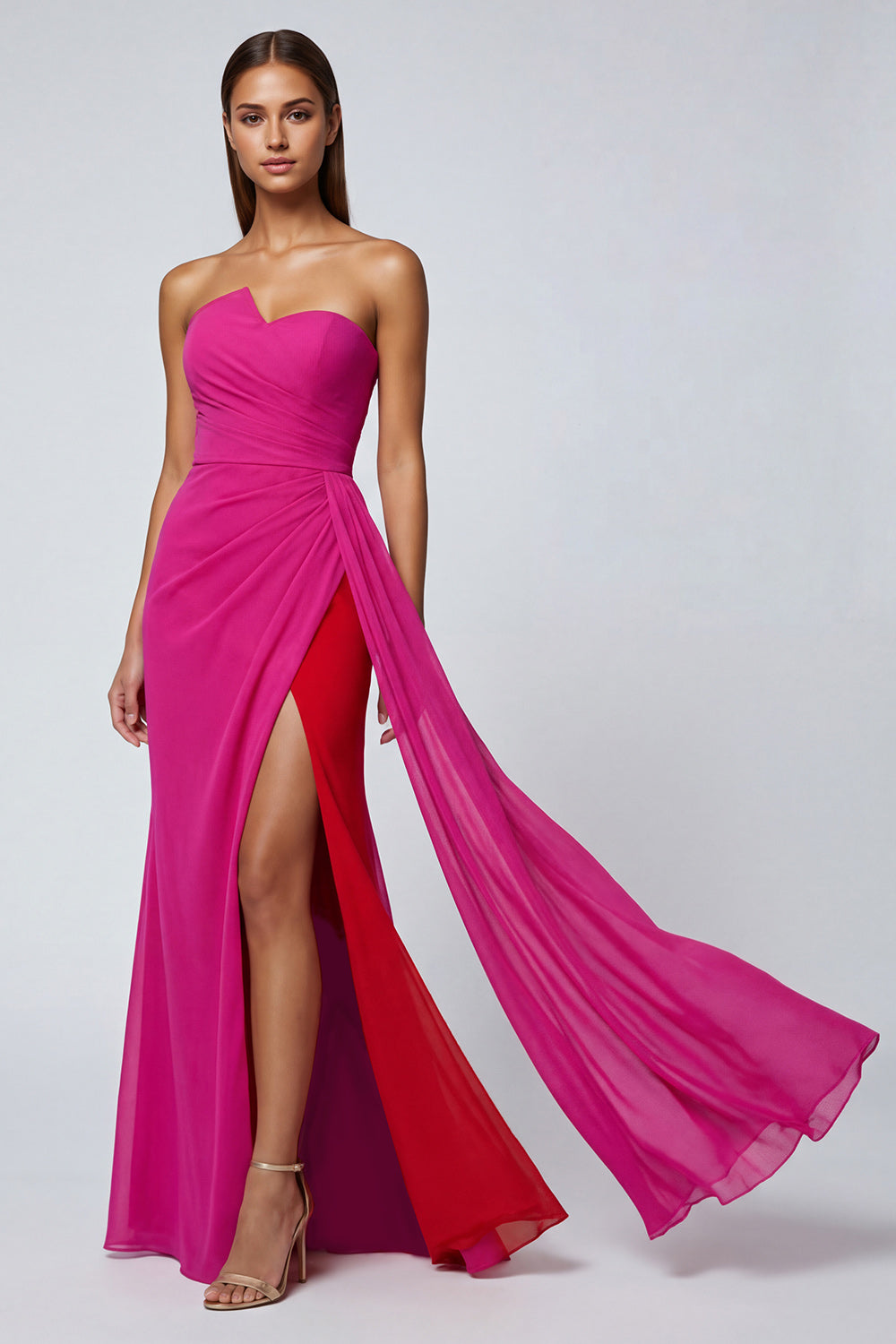 Fuchsia Strapless Long Mermaid Patchwork Formal Dress with Side Cape