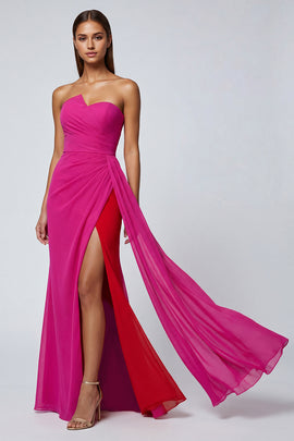 Fuchsia Strapless Long Mermaid Patchwork Formal Dress with Side Cape