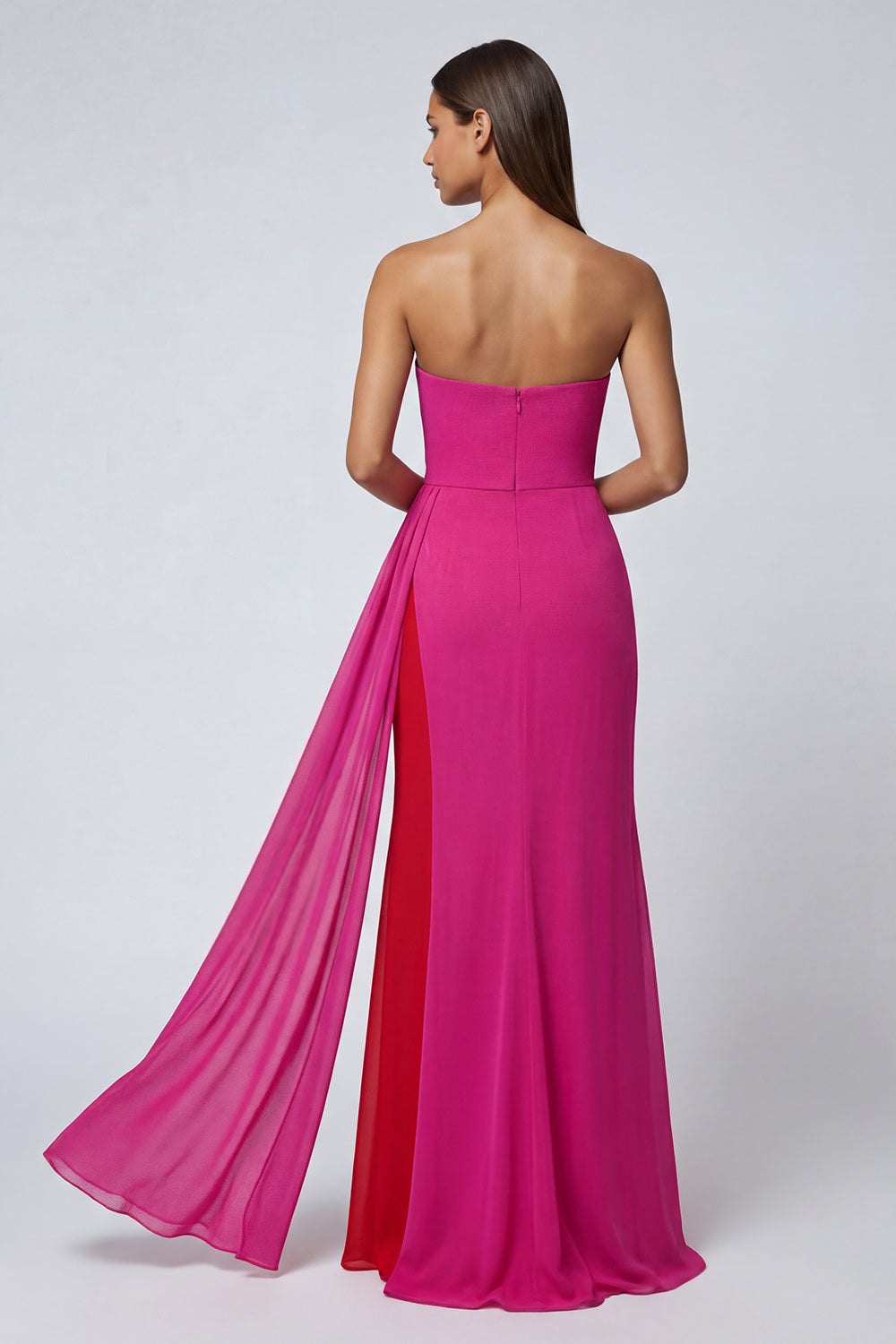 Fuchsia Strapless Long Mermaid Patchwork Formal Dress with Side Cape