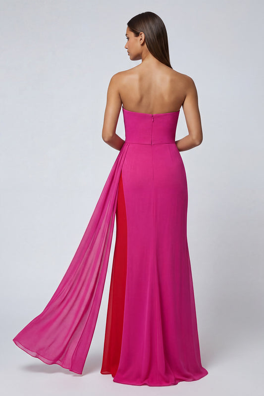 Fuchsia Strapless Long Mermaid Patchwork Formal Dress with Side Cape