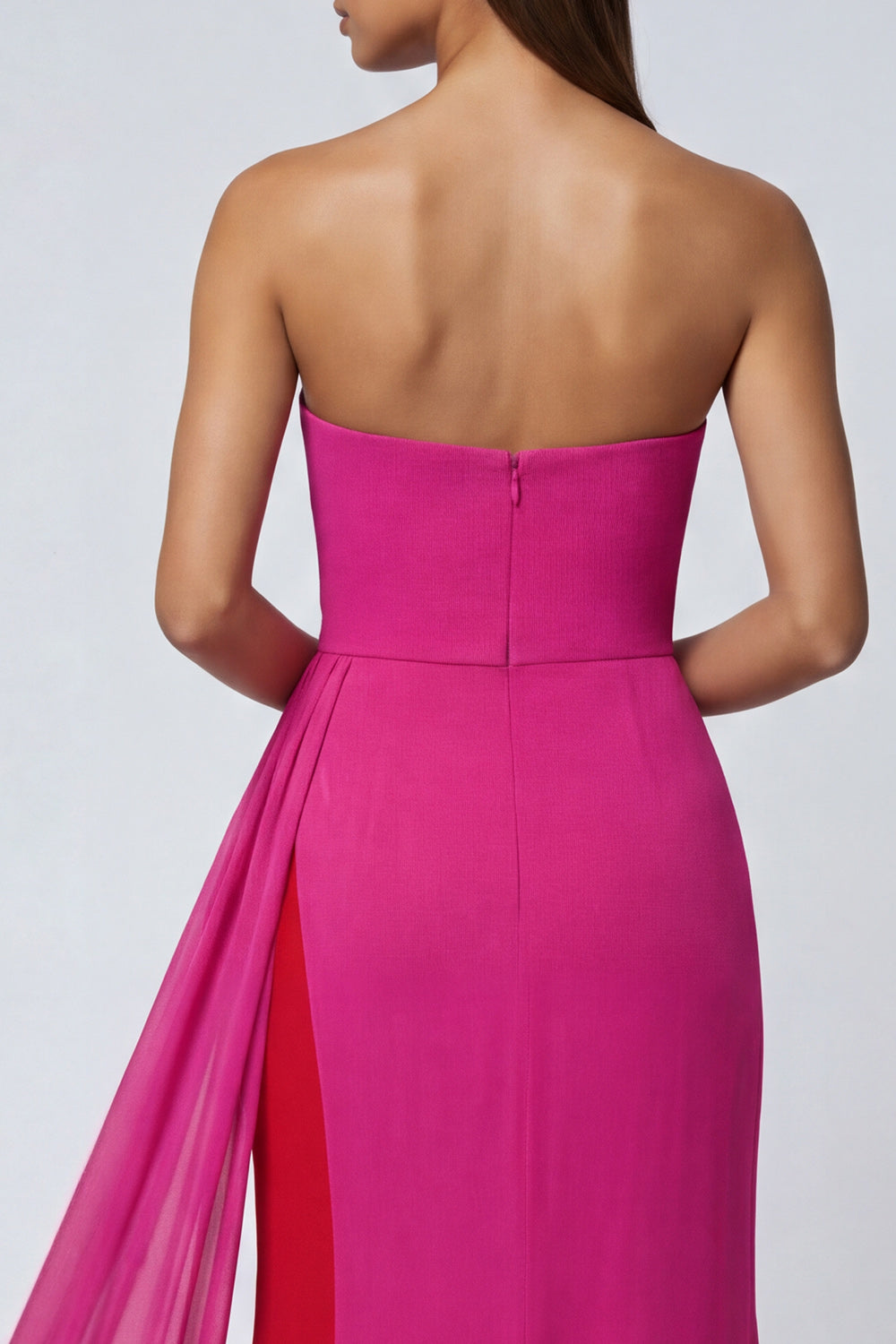 Fuchsia Strapless Long Mermaid Patchwork Formal Dress with Side Cape