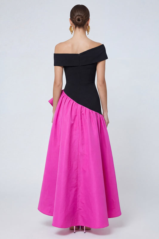 Fuchsia and Black A Line Asymmetrical Long Patchwork Formal Dress with Ruffles