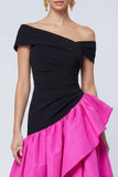 Fuchsia and Black A Line Asymmetrical Long Patchwork Formal Dress with Ruffles