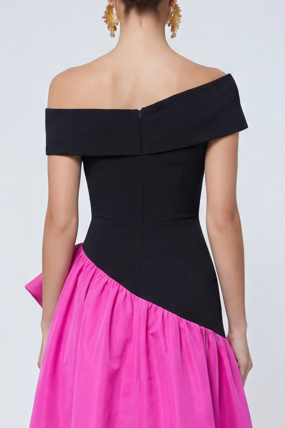 Fuchsia and Black A Line Asymmetrical Long Patchwork Formal Dress with Ruffles