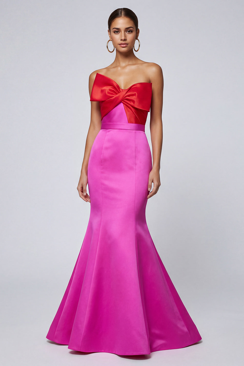 Fuchsia and Red Mermaid Patchwork Long Formal Dress with Bow