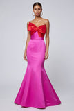 Fuchsia and Red Mermaid Patchwork Long Formal Dress with Bow