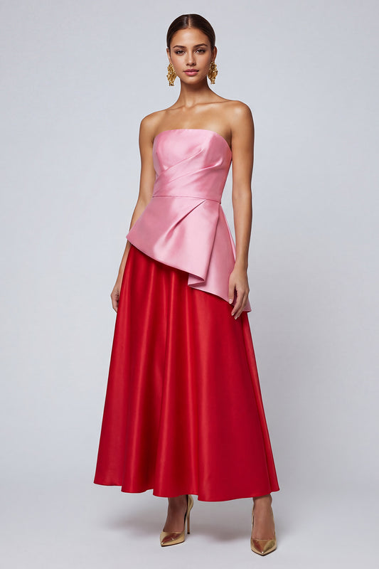 Pink and Red Long A Line Strapless Patchwork Ruffled Formal Dress