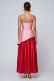 Pink and Red Long A Line Strapless Patchwork Ruffled Formal Dress