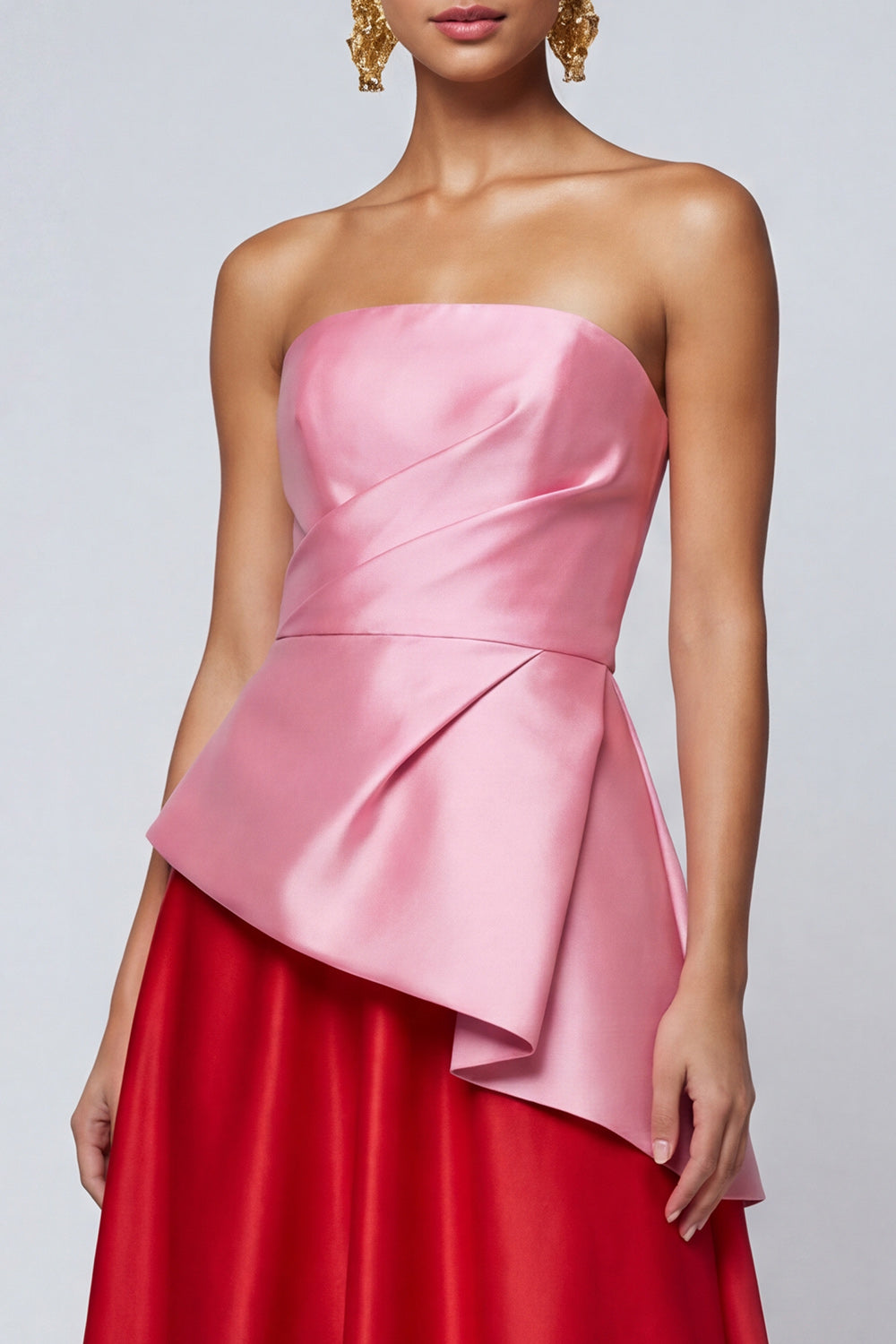 Pink and Red Long A Line Strapless Patchwork Ruffled Formal Dress