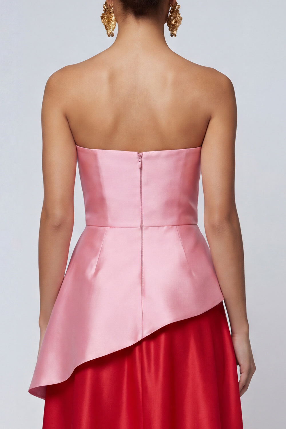 Pink and Red Long A Line Strapless Patchwork Ruffled Formal Dress