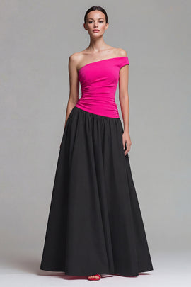 Fuchsia and Black A Line Long Patchwork One Shoulder Formal Dress