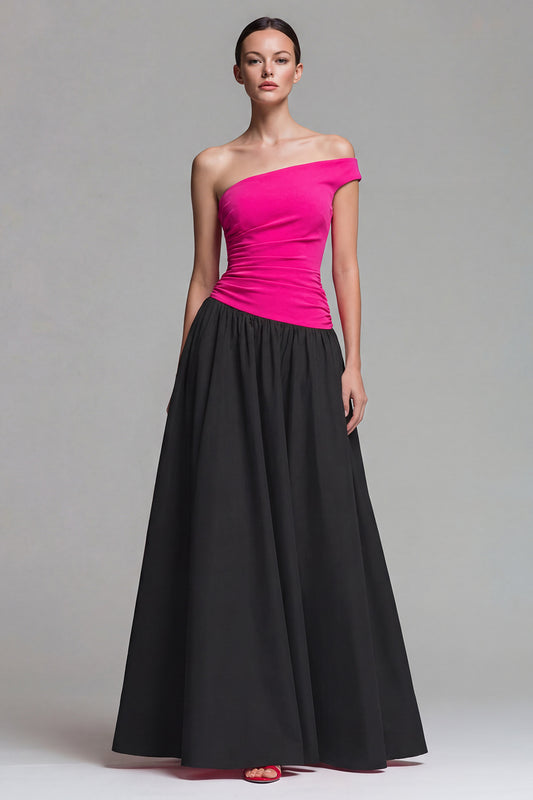Fuchsia and Black A Line Long Patchwork One Shoulder Formal Dress