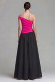 Fuchsia and Black A Line Long Patchwork One Shoulder Formal Dress