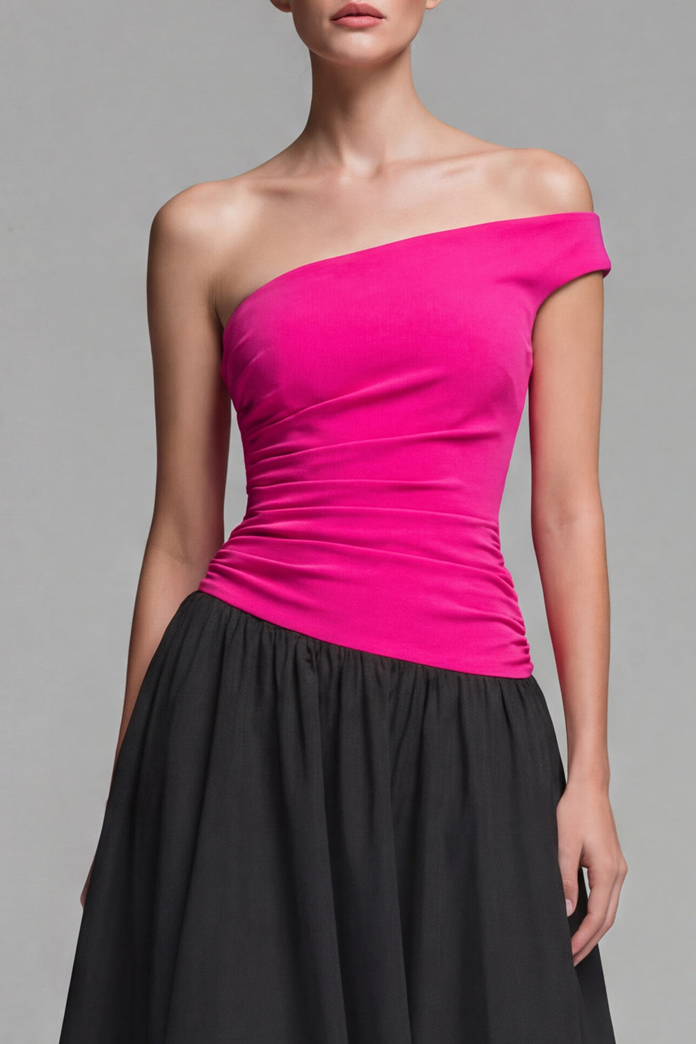 Fuchsia and Black A Line Long Patchwork One Shoulder Formal Dress