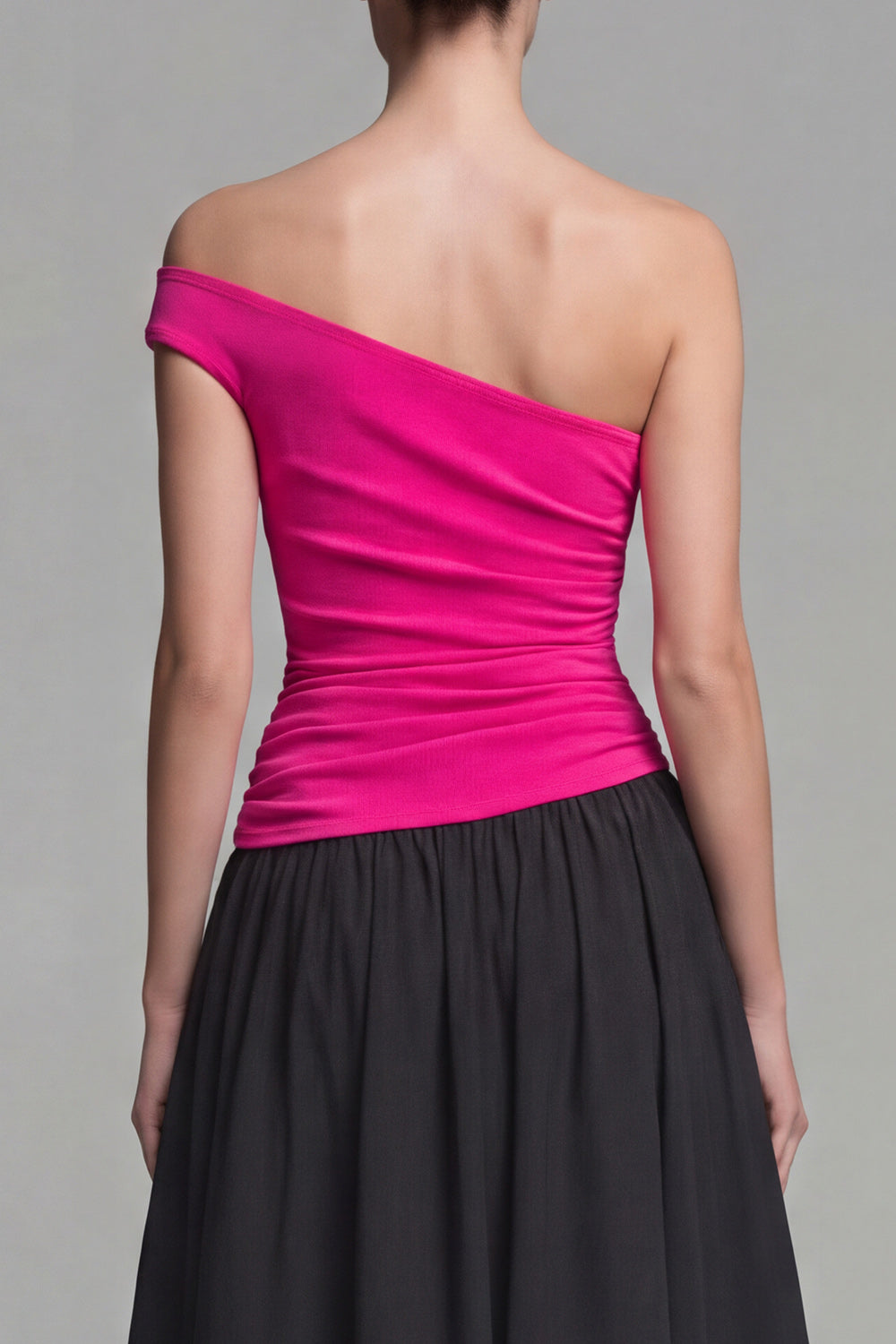 Fuchsia and Black A Line Long Patchwork One Shoulder Formal Dress