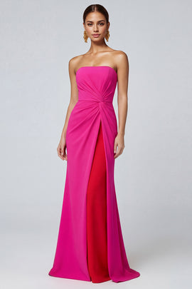 Fuchsia and Red Long Patchwork Mermaid Strapless Formal Dress