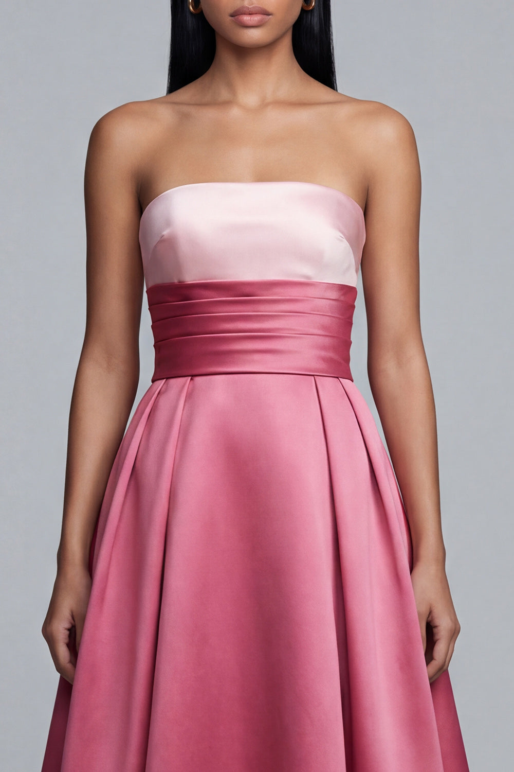 Pink Long A Line Satin Strapless Patchwork Formal Dress