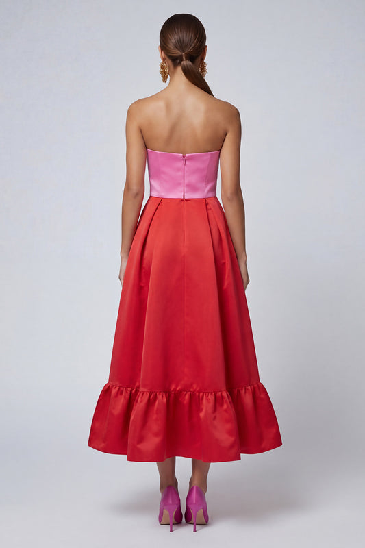 Pink and Red Strapless Patchwork Long Formal Dress with Slit