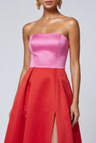 Pink and Red Strapless Patchwork Long Formal Dress with Slit