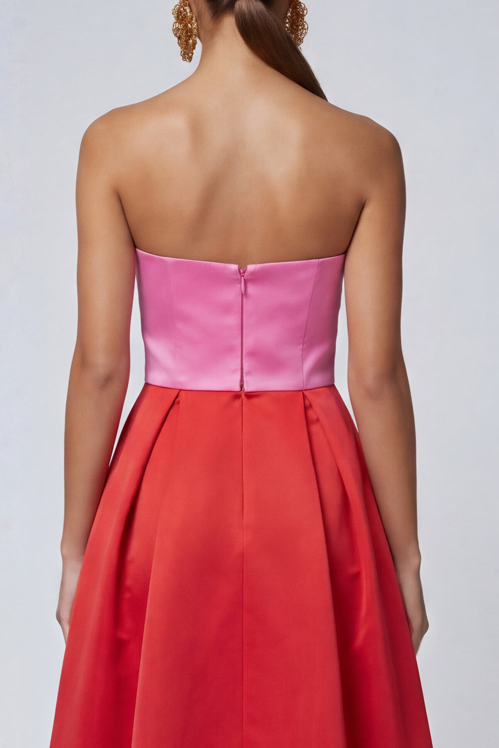 Pink and Red Strapless Patchwork Long Formal Dress with Slit