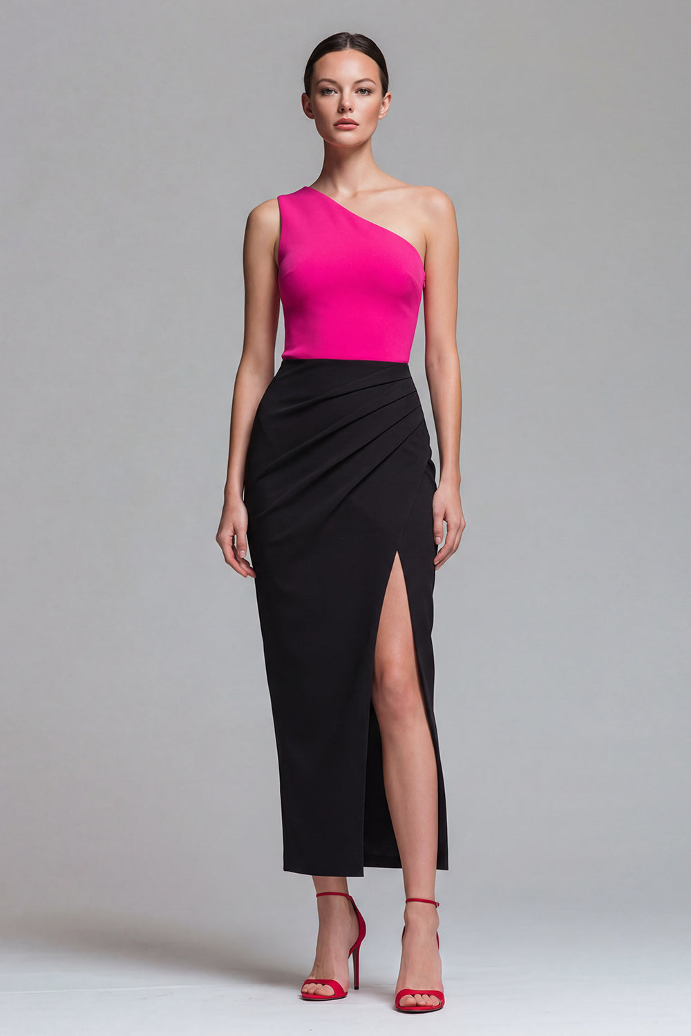 Fuchsia and Black One Shoulder Patchwork Long Formal Dress