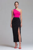 Fuchsia and Black One Shoulder Patchwork Long Formal Dress