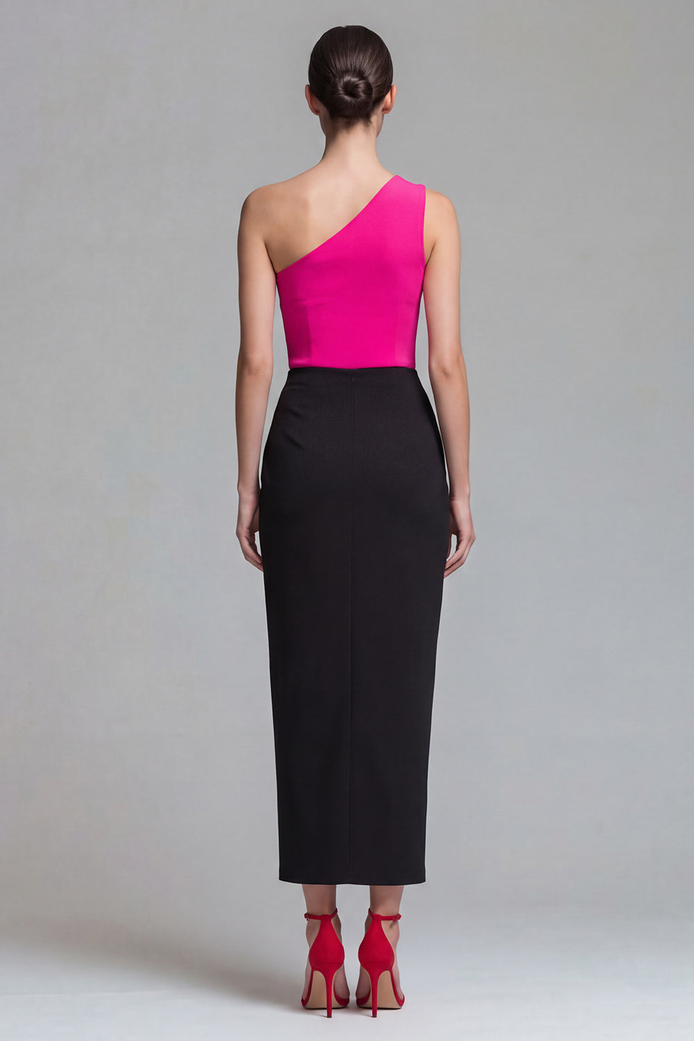 Fuchsia and Black One Shoulder Patchwork Long Formal Dress