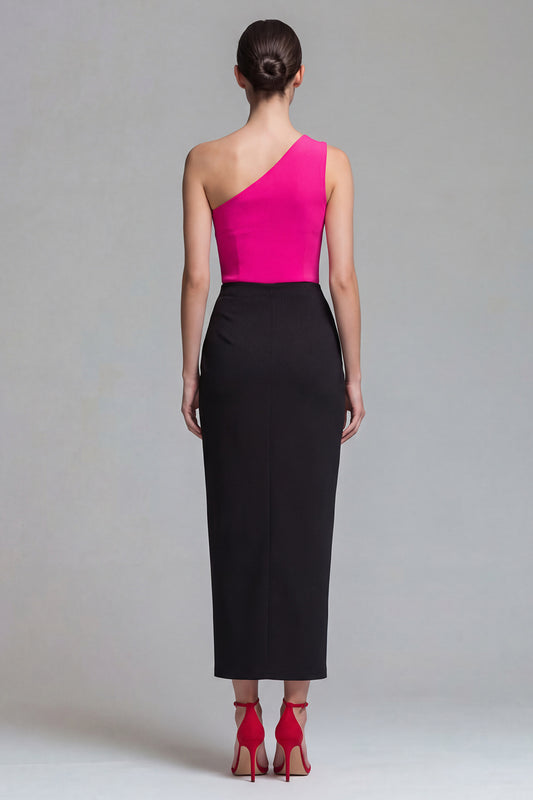 Fuchsia and Black One Shoulder Patchwork Long Formal Dress