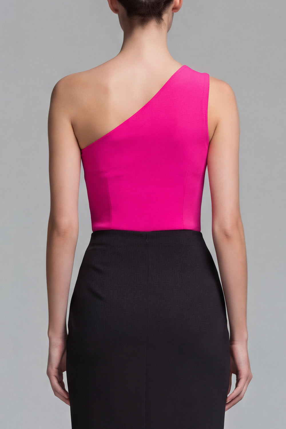 Fuchsia and Black One Shoulder Patchwork Long Formal Dress
