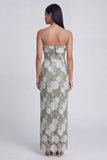 Green Strapless Maxi Sheath Floral Wedding Guest Dress