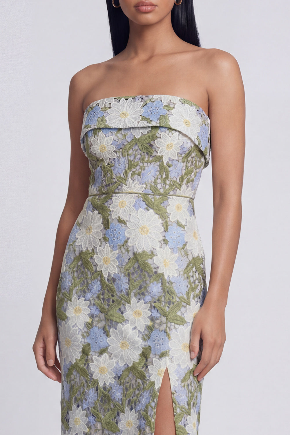 Green Strapless Maxi Sheath Floral Wedding Guest Dress