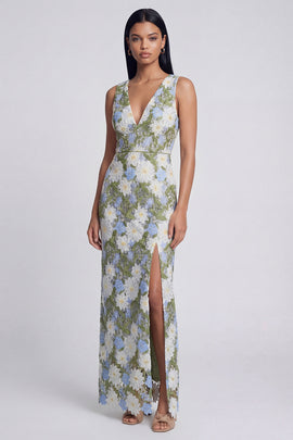 Green Maxi Sheath V-Neck Floral Wedding Guest Dress with Slit